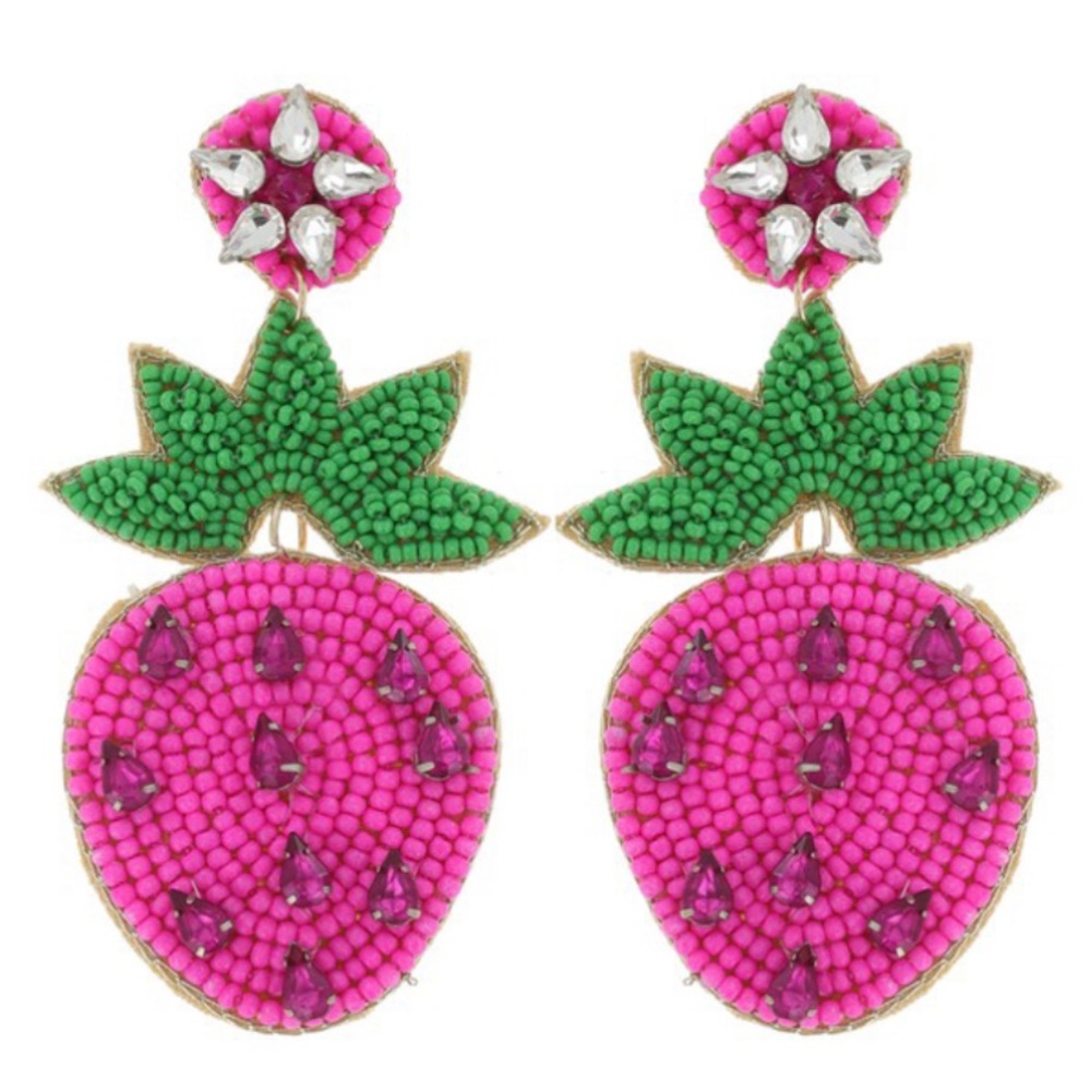 Pink strawberry Fruit beaded earrings gems felt drop